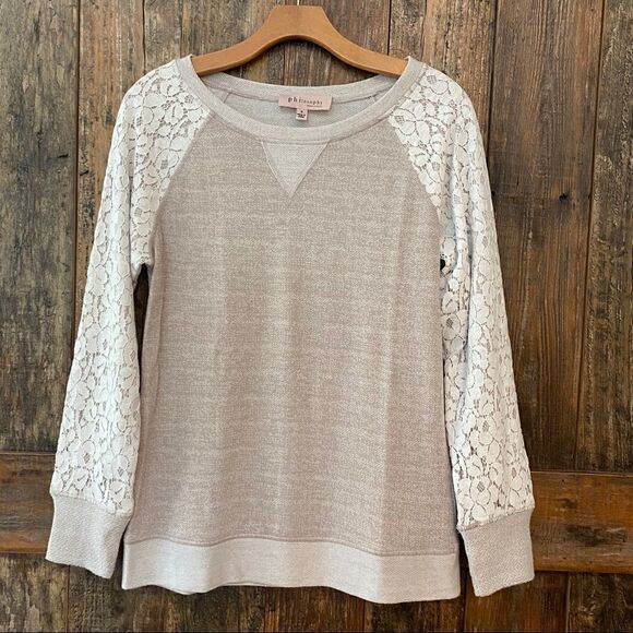 Philosophy S Tan Lace Shoulder Sleeves Casual Weekend Sweatshirt - Picture 2 of 13